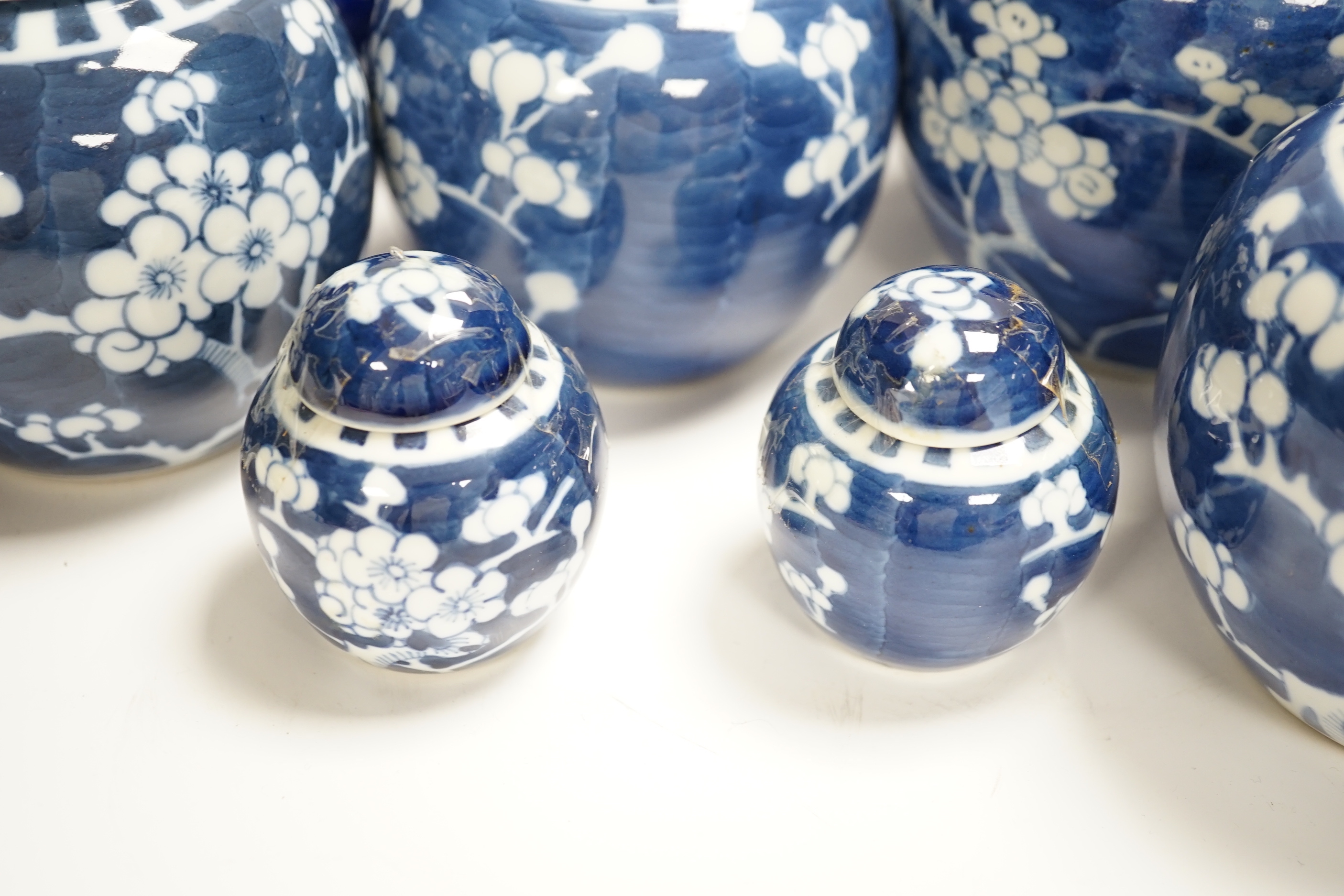 Nine mixed Chinese blue and white prunus jars, five with covers, largest 22cm high